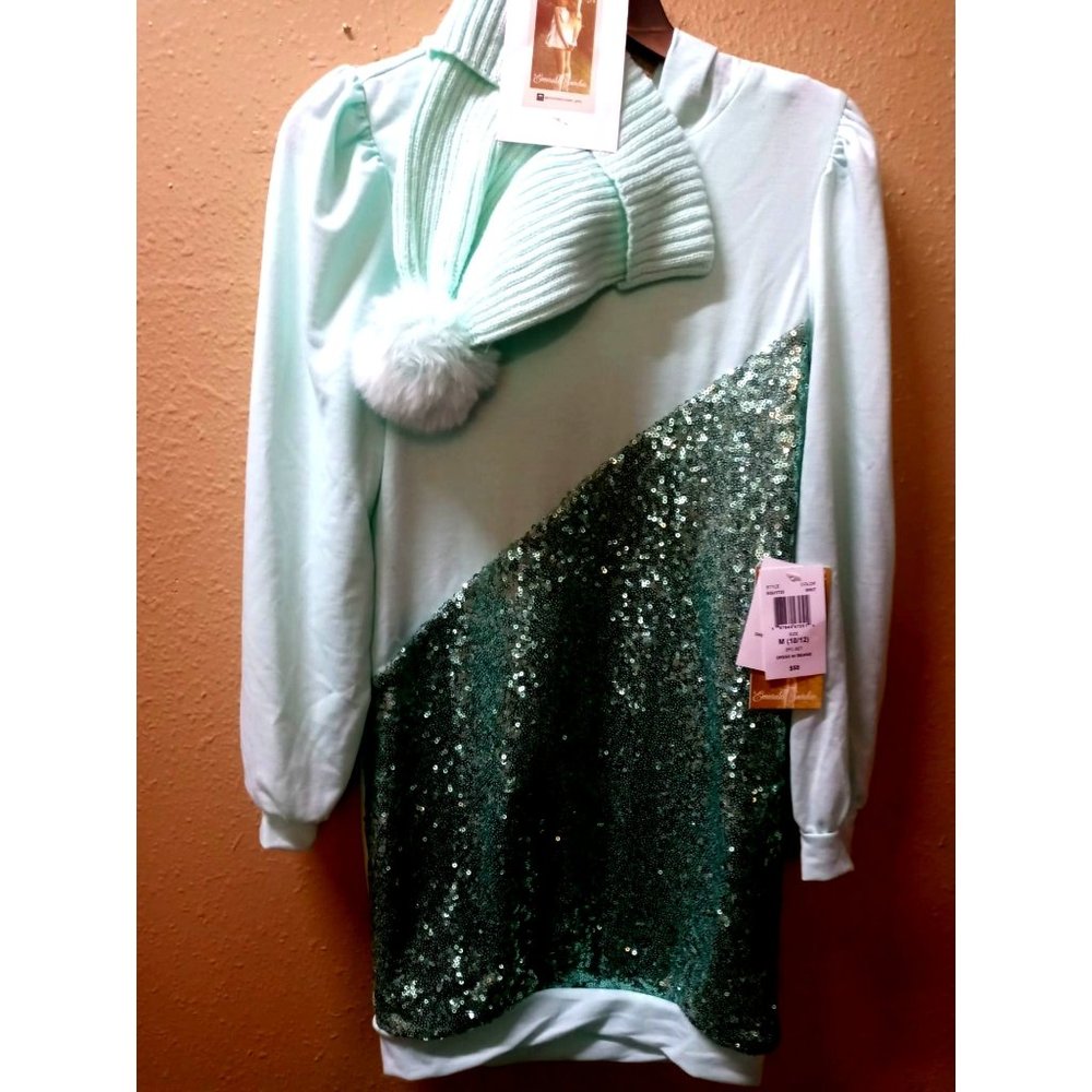 Self-esteem lightweight green Girls dress with beanie cap size M 10 to 12